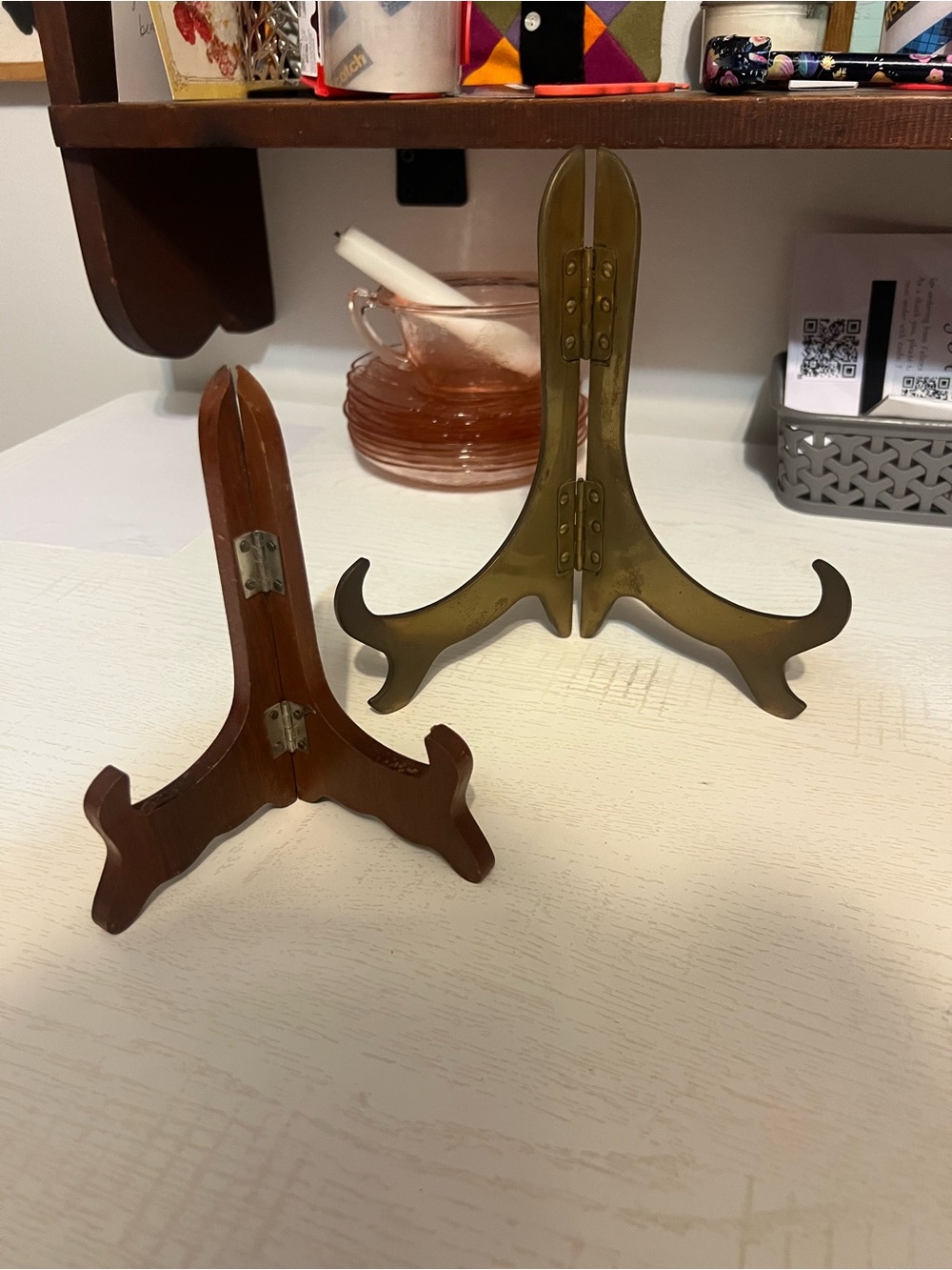 Vintage Brass and Wood Display Easel Pair - Home Dining